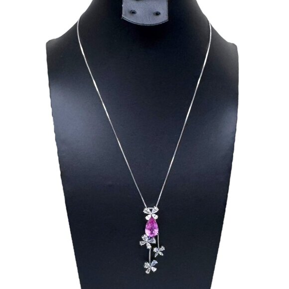 Spring Pink Sapphire & CZ Butterfly Pendant Necklace 925 Sterling Silver 18" - Picture 1 of 10